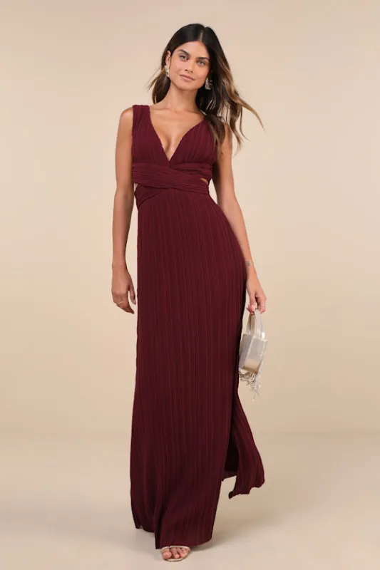 Compelling Poise Burgundy Plisse Cutout Sleeveless Maxi Dress sold by Lulus