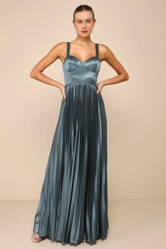 Luxurious Flair Blue Grey Satin Pleated Bustier Maxi Dress sold by Lulus