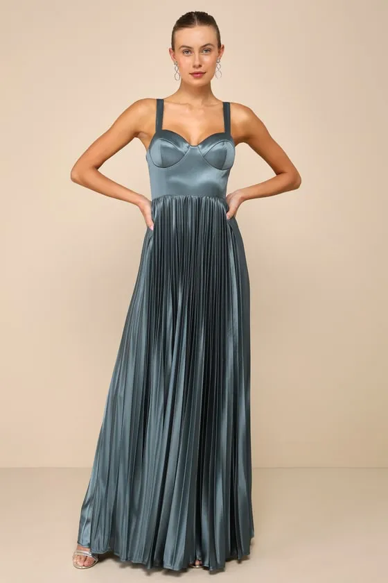 Luxurious Flair Blue Grey Satin Pleated Bustier Maxi Dress sold by Lulus