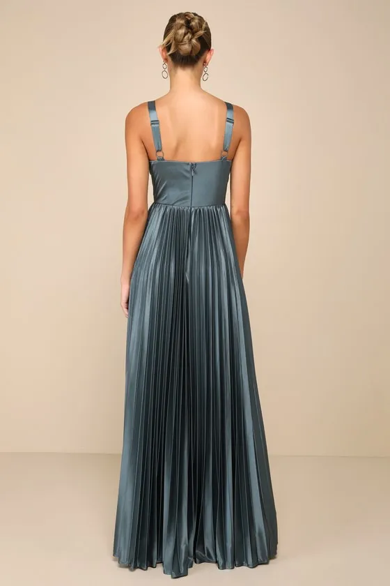 Luxurious Flair Blue Grey Satin Pleated Bustier Maxi Dress sold by Lulus product image thumbnail 2