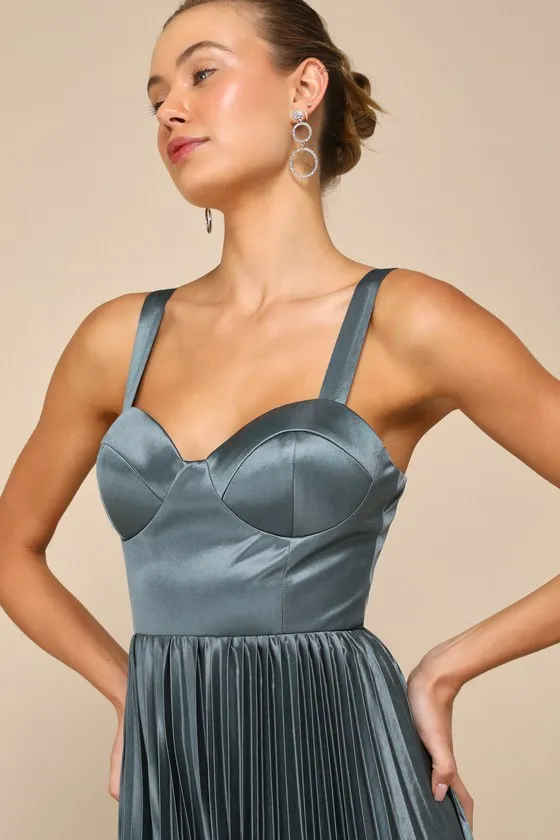 Luxurious Flair Blue Grey Satin Pleated Bustier Maxi Dress sold by Lulus product image thumbnail 3