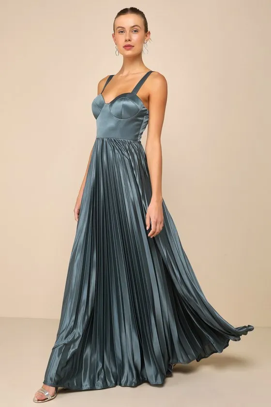 Luxurious Flair Blue Grey Satin Pleated Bustier Maxi Dress sold by Lulus product image thumbnail 4
