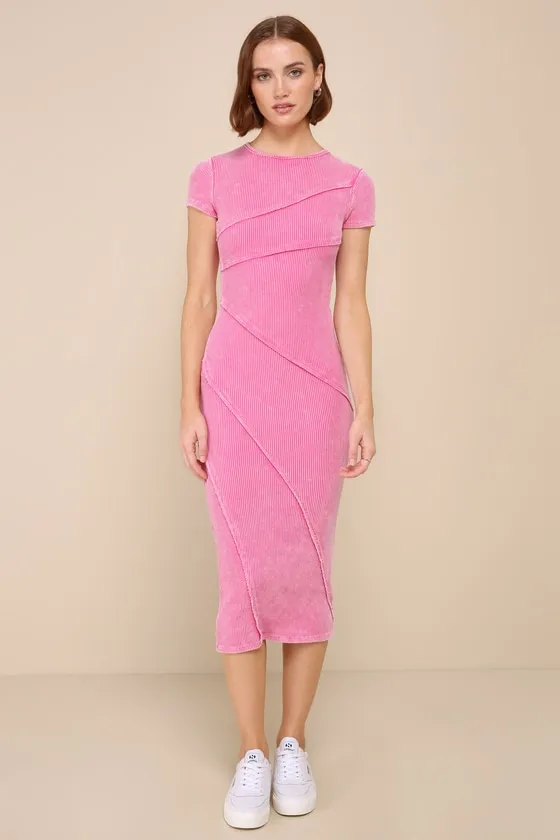 Totally the Sweetest Washed Pink Ribbed Seamed Midi Dress sold by Lulus