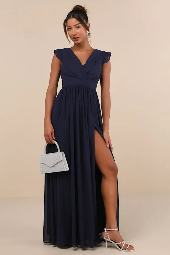 Gorgeous Goal Navy Pleated Backless Surplice Maxi Dress sold by Lulus