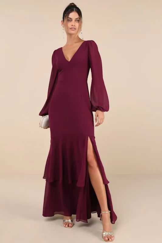 Tier Elegance Plum Purple Long Sleeve Tiered Maxi Dress sold by Lulus