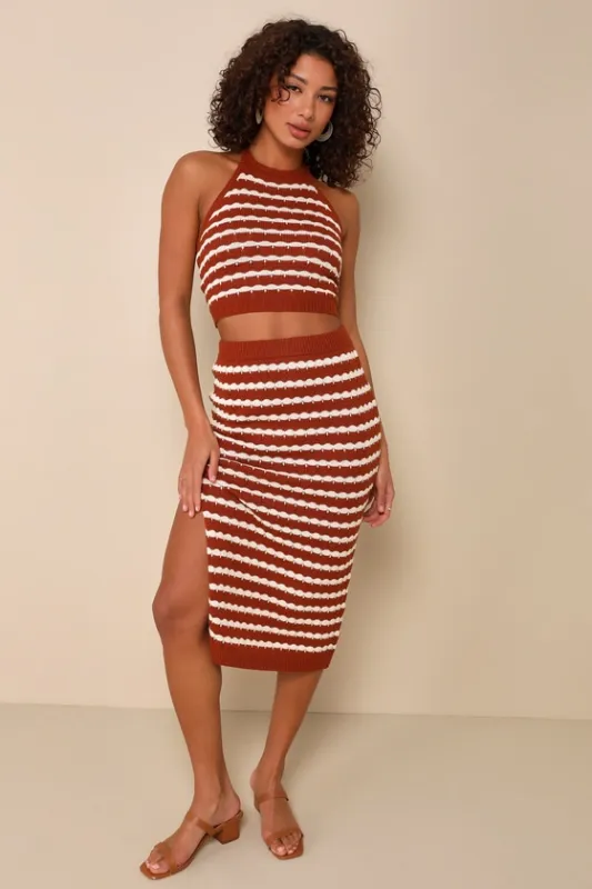 Sensational Aesthetic Rust Orange Striped Two-Piece Midi Dress sold by Lulus