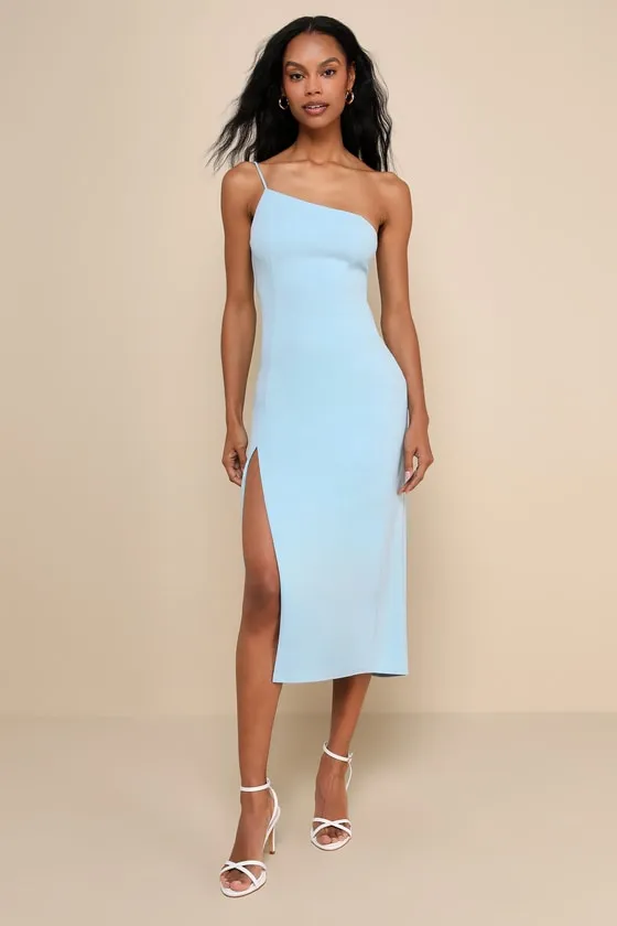 Flattering Finesse Light Blue Cutout One-Shoulder Midi Dress sold by Lulus