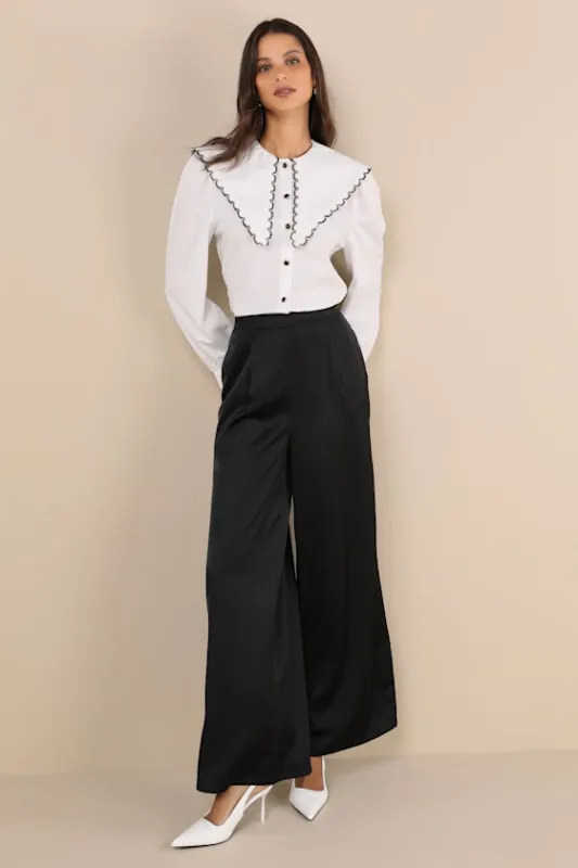 Stunning Chicness Black Satin High-Rise Wide-Leg Pants sold by Lulus