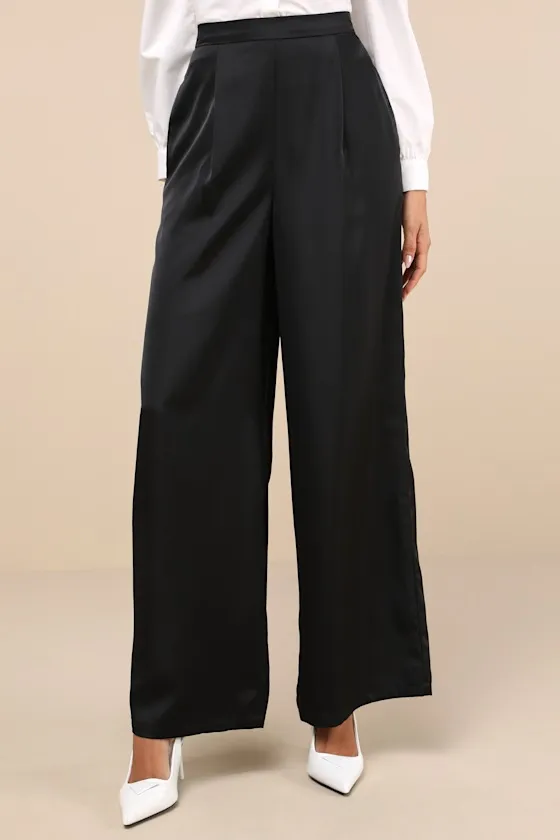 Stunning Chicness Black Satin High-Rise Wide-Leg Pants sold by Lulus product image thumbnail 2
