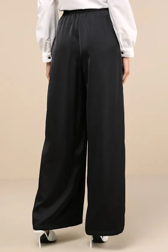 Stunning Chicness Black Satin High-Rise Wide-Leg Pants sold by Lulus product image thumbnail 3