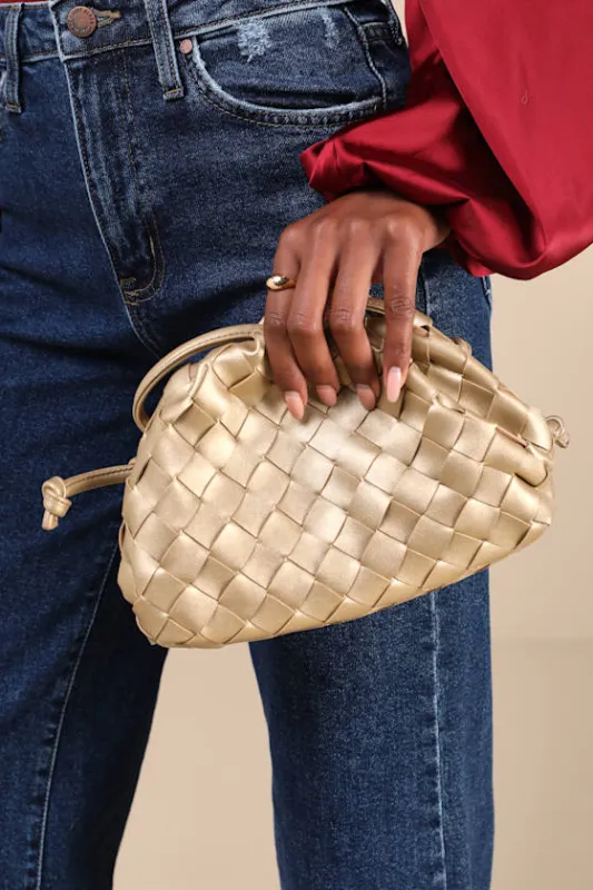 Inclined to Impress Gold Woven Pouch Handbag sold by Lulus