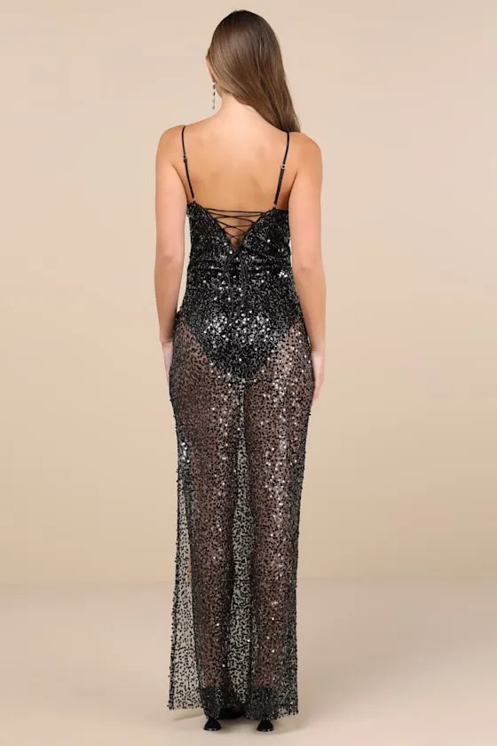 Enticing Mindset Black Sheer Mesh Sequin Lace-Up Maxi Dress sold by Lulus product image thumbnail 2