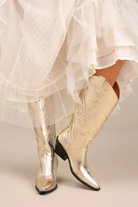 Everlyn Gold Metallic Knee-High Western Boots sold by Lulus