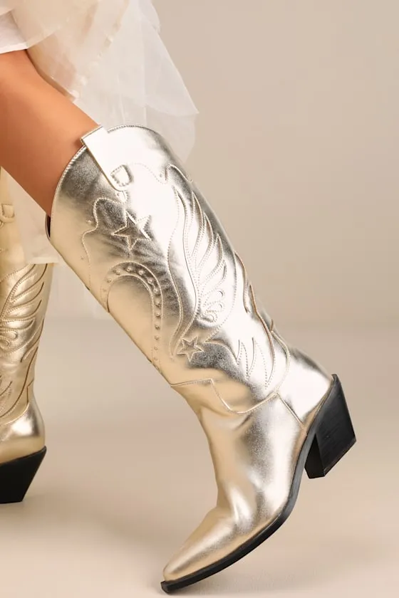 Everlyn Gold Metallic Knee-High Western Boots sold by Lulus product image thumbnail 2