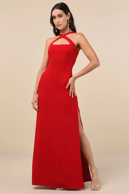 Perfectly Demure Red Backless Column Maxi Dress sold by Lulus