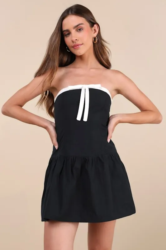 Faelas Black Bow Cotton Strapless Drop Waist Mini Dress made by Lulus