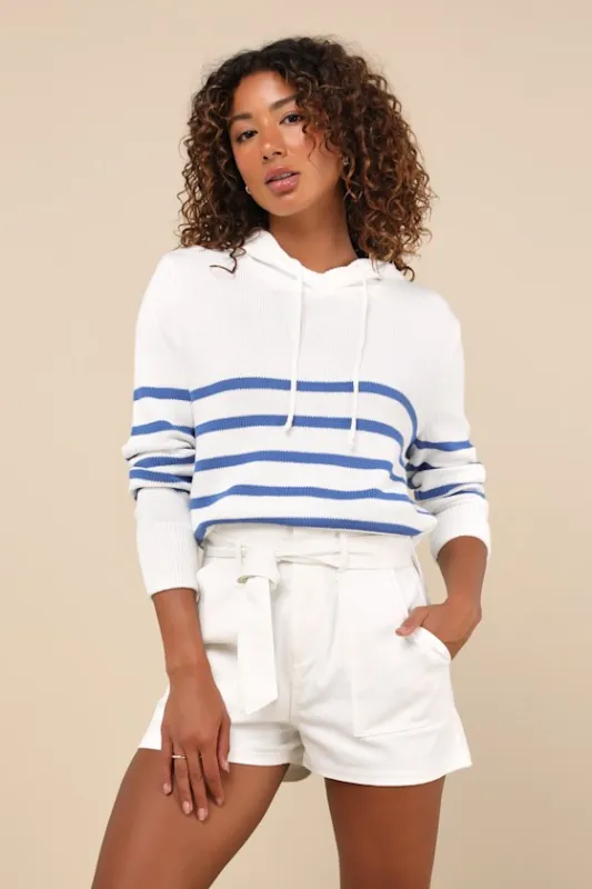 Comfy Aura Ivory and Blue Striped Knit Hooded Sweater Top sold by Lulus