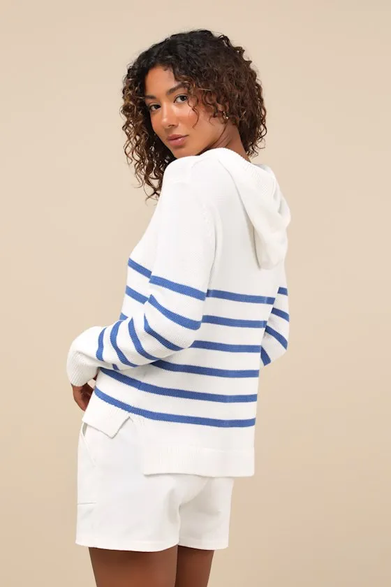 Comfy Aura Ivory and Blue Striped Knit Hooded Sweater Top sold by Lulus product image thumbnail 3