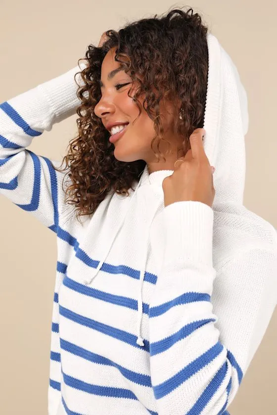 Comfy Aura Ivory and Blue Striped Knit Hooded Sweater Top sold by Lulus product image thumbnail 4