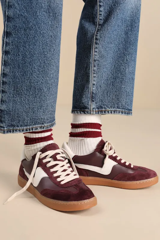 Notice Cranberry Suede Leather Color Block Sneakers sold by Lulus