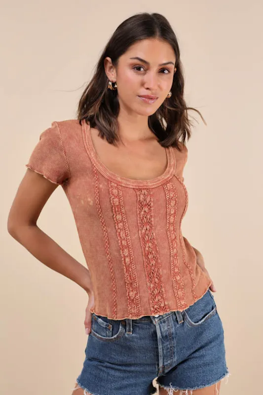Boho Charisma Washed Rust Waffle-Knit Lace Short Sleeve Top sold by Lulus
