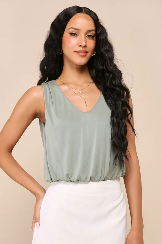 Chic on Repeat Olive Green V-Neck Sleeveless Bodysuit sold by Lulus