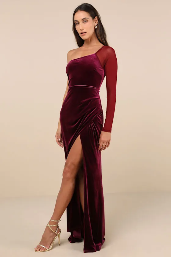 Lavish Style Dark Magenta Velvet Mesh One-Shoulder Maxi Dress sold by Lulus product image thumbnail 2