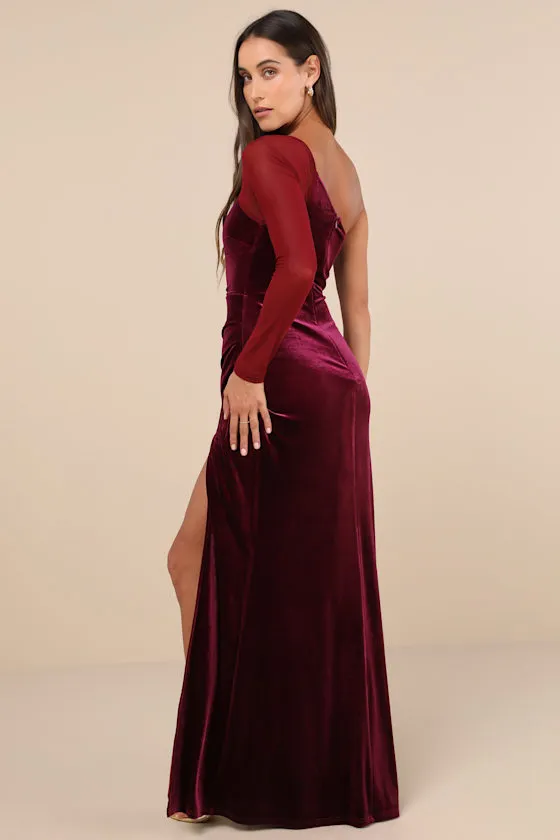 Lavish Style Dark Magenta Velvet Mesh One-Shoulder Maxi Dress sold by Lulus product image thumbnail 3