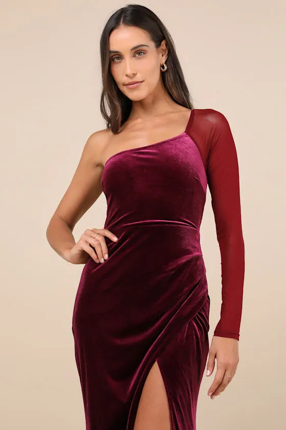 Lavish Style Dark Magenta Velvet Mesh One-Shoulder Maxi Dress sold by Lulus product image thumbnail 4
