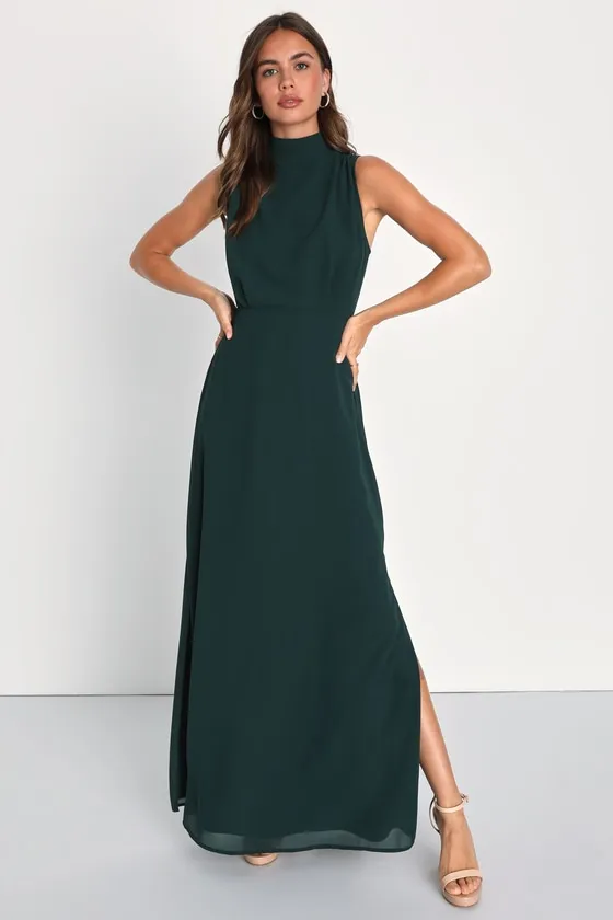 Classic Elegance Emerald Chiffon Sleeveless Mock Neck Maxi Dress sold by Lulus