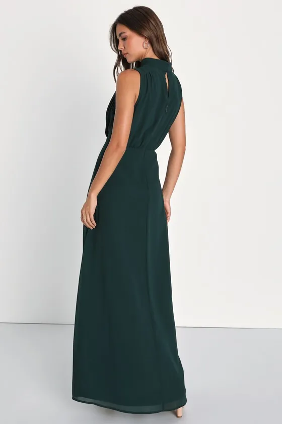 Classic Elegance Emerald Chiffon Sleeveless Mock Neck Maxi Dress sold by Lulus product image thumbnail 2