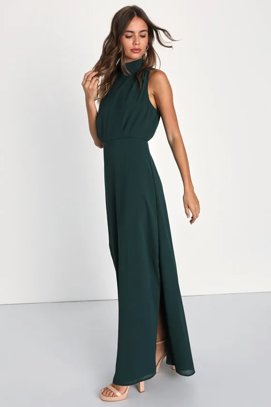 Classic Elegance Emerald Chiffon Sleeveless Mock Neck Maxi Dress sold by Lulus product image thumbnail 4