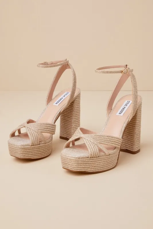 Laurel Gold Glitter Platform Ankle Strap High Heel Sandals sold by Lulus