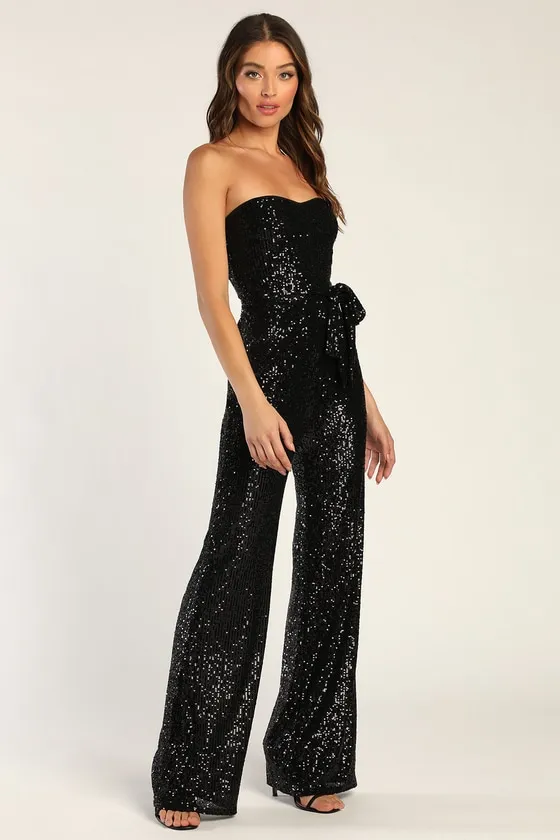 Flirty Moves Black Sequin Strapless Wide-Leg Jumpsuit sold by Lulus