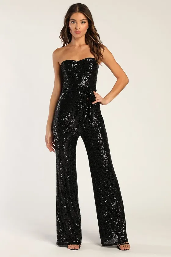 Flirty Moves Black Sequin Strapless Wide-Leg Jumpsuit sold by Lulus product image thumbnail 3