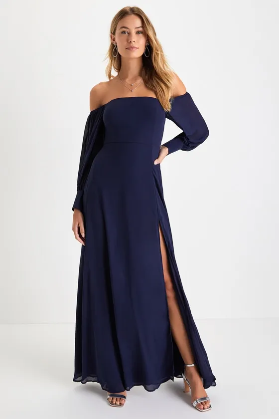 Feel the Romance Navy Blue Off-the-Shoulder Maxi Dress sold by Lulus