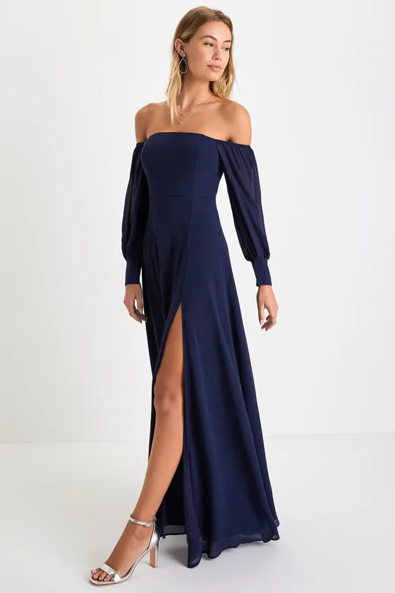 Feel the Romance Navy Blue Off-the-Shoulder Maxi Dress sold by Lulus product image thumbnail 3