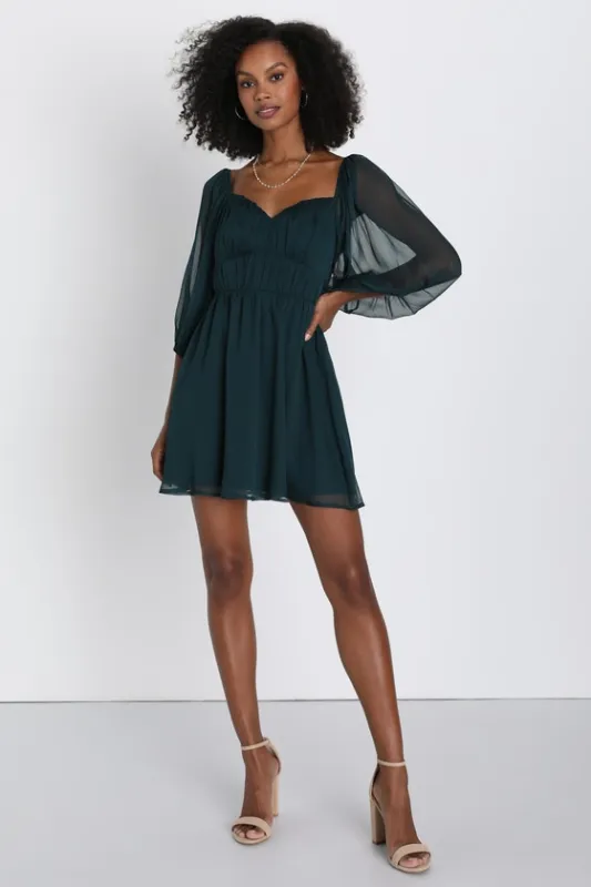 Vivacious Arrival Emerald Chiffon Balloon Sleeve Mini Dress sold by Lulus