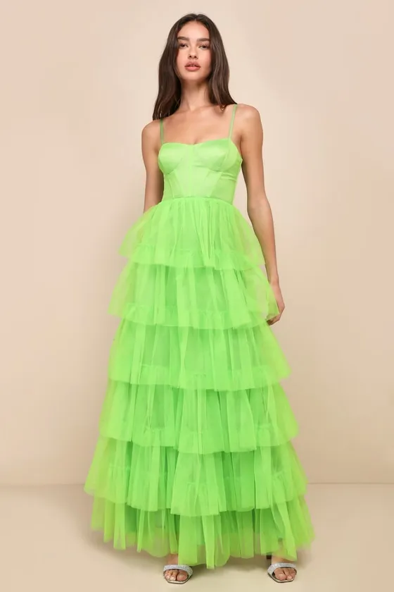 Rule the Runway Lime Green Tulle Bustier Tiered Maxi Dress sold by Lulus
