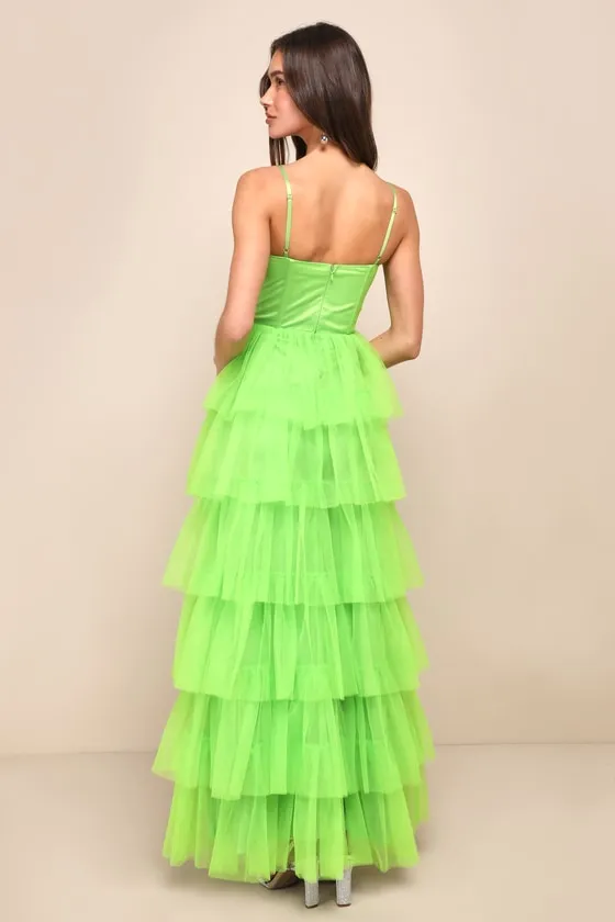 Rule the Runway Lime Green Tulle Bustier Tiered Maxi Dress sold by Lulus product image thumbnail 2