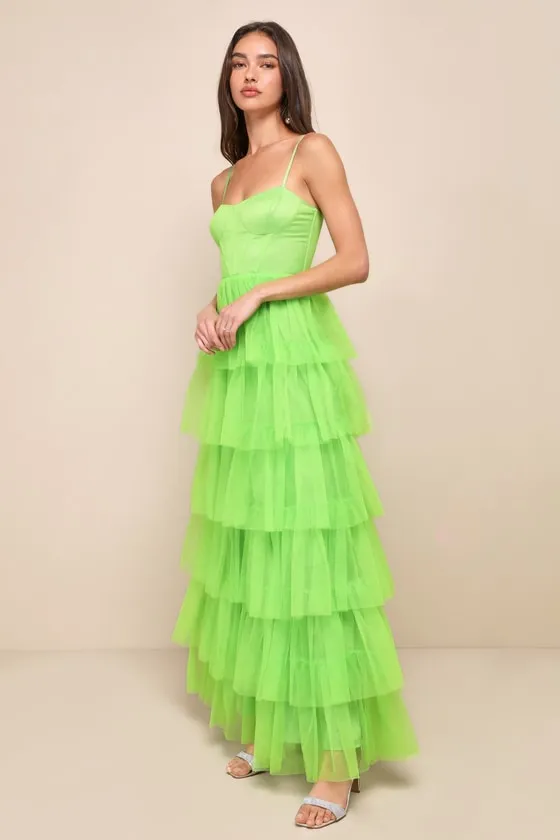 Rule the Runway Lime Green Tulle Bustier Tiered Maxi Dress sold by Lulus product image thumbnail 3
