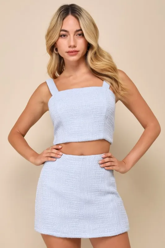Elevated Attitude Blue Tweed Sleeveless Two-Piece Skort Romper sold by Lulus