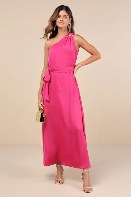 Goddess Aura Fuchsia Satin One-Shoulder Maxi Dress sold by Lulus