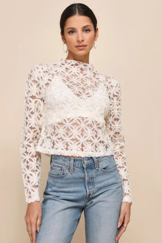 Iconic Persona Ivory Sheer Floral Applique Long Sleeve Top sold by Lulus