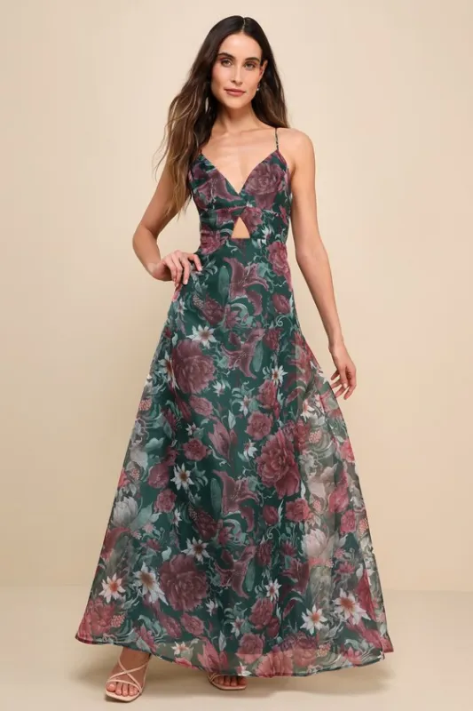 Enchanting Entrance Green Floral Organza Keyhole Maxi Dress sold by Lulus