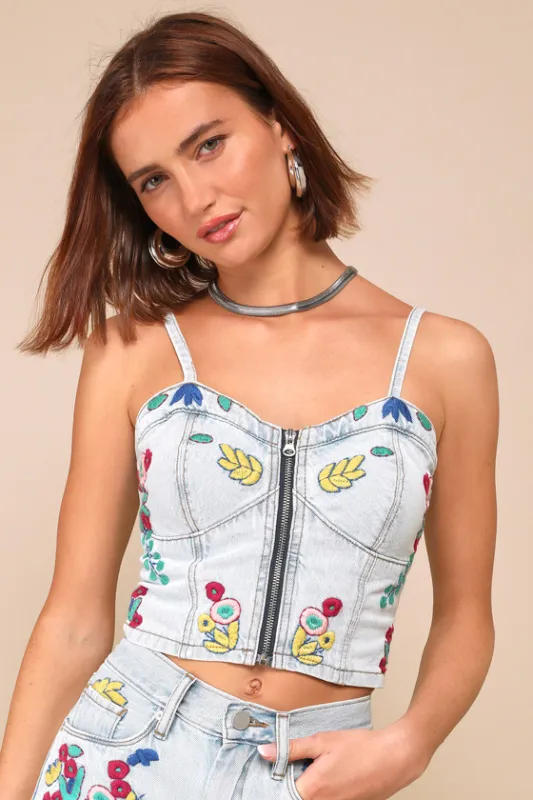 Picnic Date Light Wash Denim Embroidered Bustier Top sold by Lulus