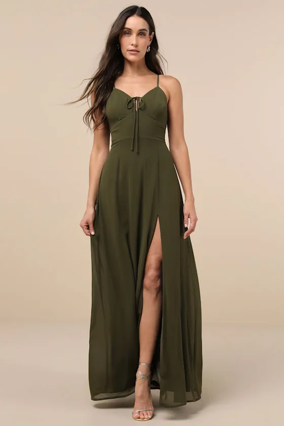 Marveled Beauty Olive Green Sleeveless Tie-Front Maxi Dress sold by Lulus