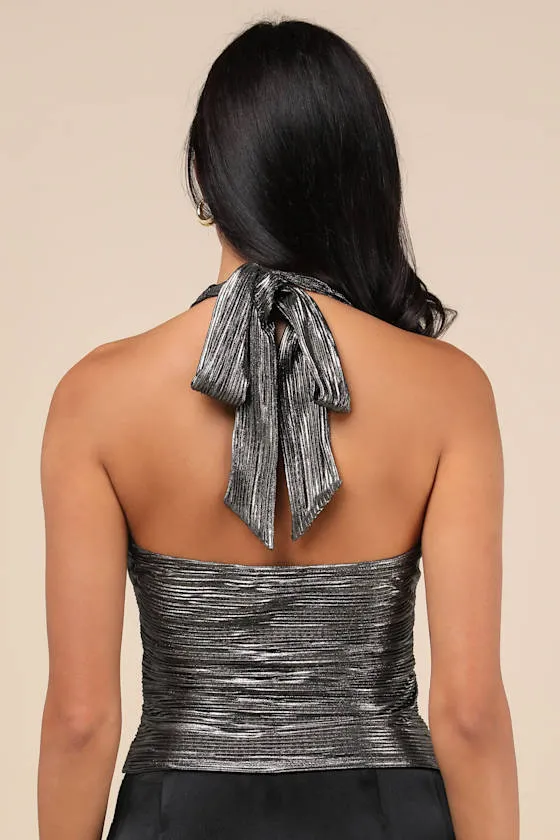 Enchanting Moves Gunmetal Silver Lurex Halter Crop Top sold by Lulus product image thumbnail 4