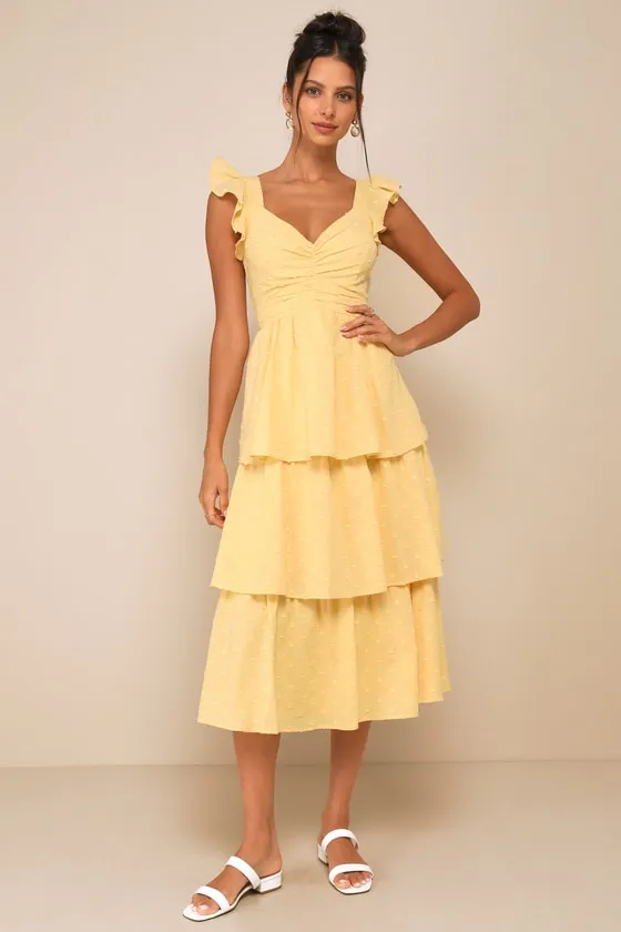Charming Decision Yellow Swiss Dot Ruched Tiered Midi Dress sold by Lulus