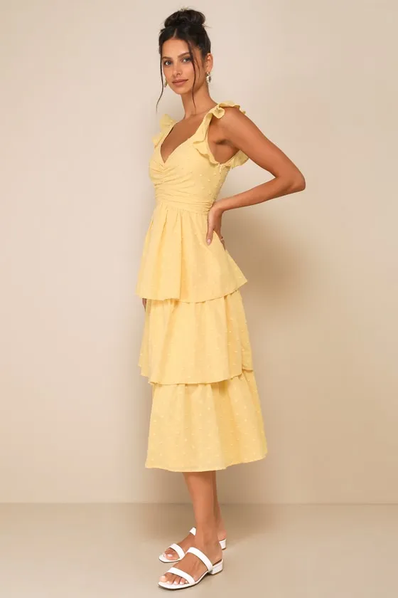 Charming Decision Yellow Swiss Dot Ruched Tiered Midi Dress sold by Lulus product image thumbnail 2